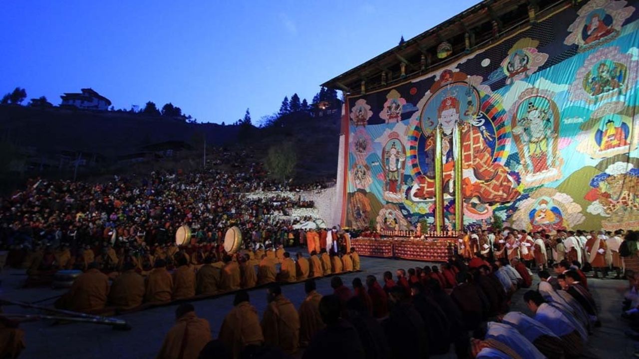 Paro Tshechu sacred festival with masked dances and traditional Bhutanese rituals at Paro Dzong