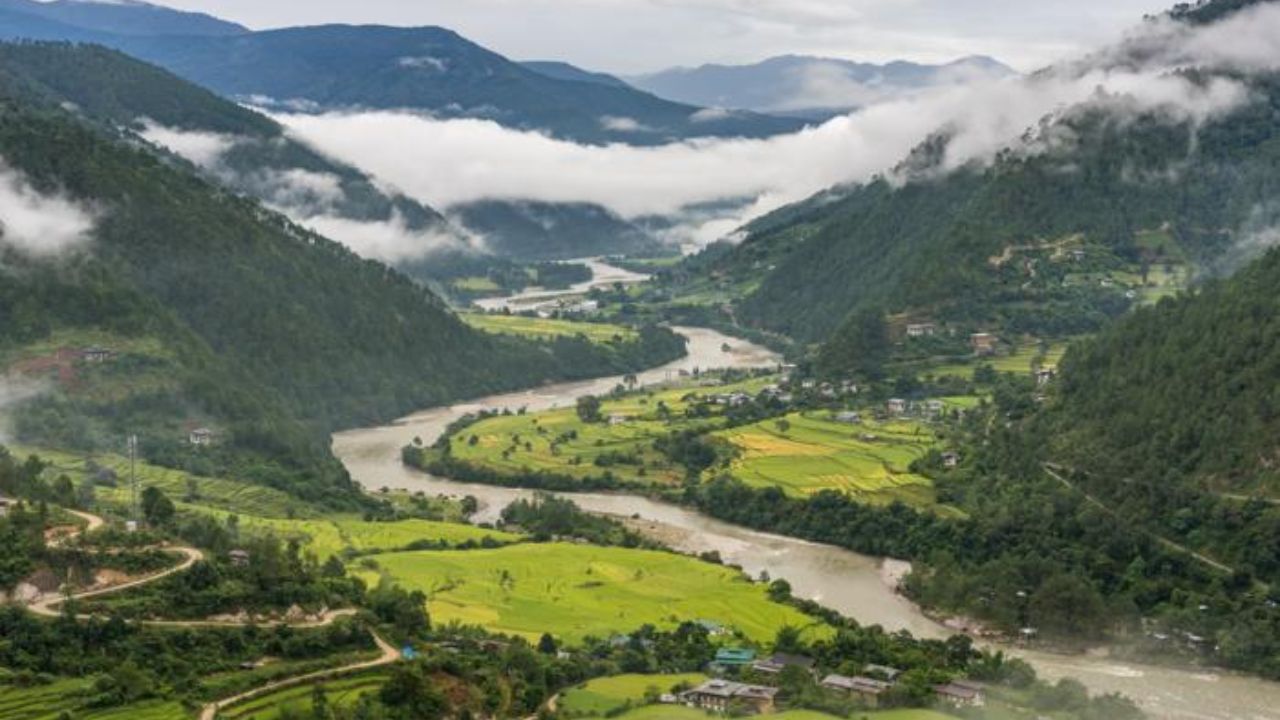 Lush green landscape and peaceful valley scenery in Punakha.