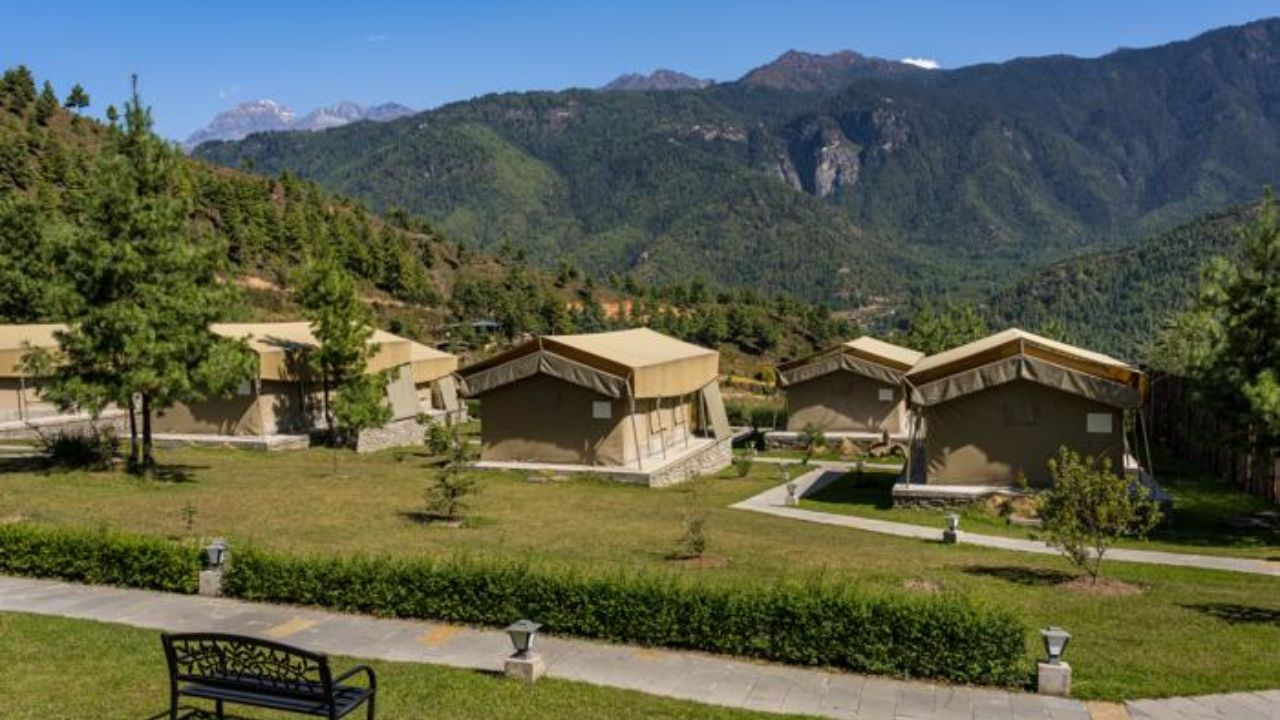 Beautiful lodging in Paro set against Bhutan’s mountain landscape.