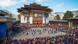 Crowds watch a traditional dance at a temple festival.