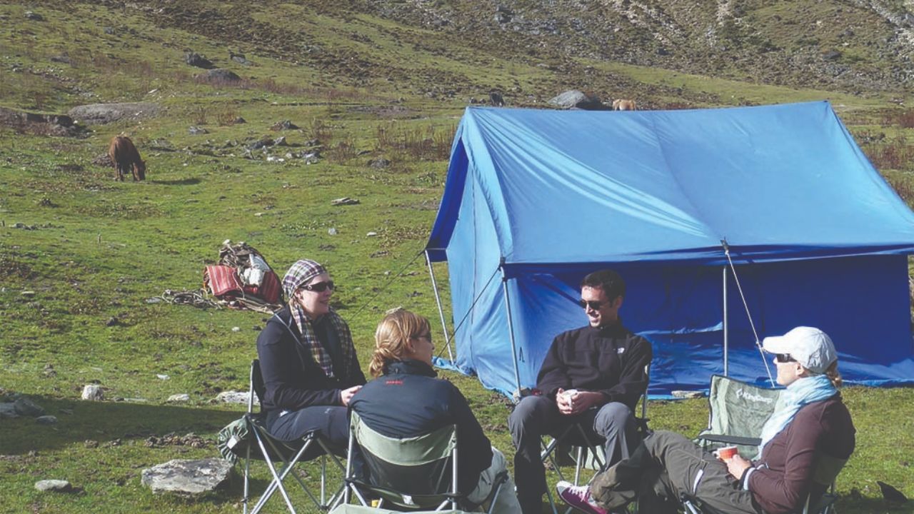 People enjoying the Jomolhari Trek in Bhutan.
