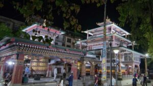 Phuentsholing town at night, illuminated streets and buildings glowing against the dark hillside near the Bhutan–India border.